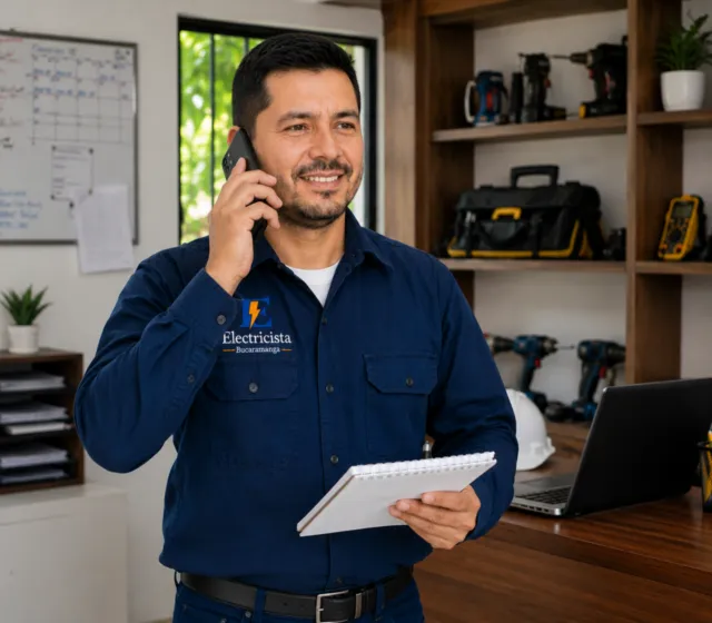 Electricista de Bucaramanga atendiendo por teléfono una solicitud de servicio a domicilio
