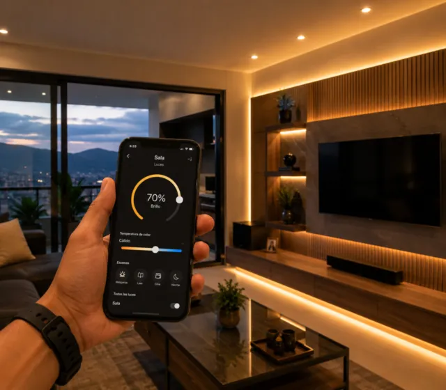 Persona controlando la iluminación de una casa inteligente en Bucaramanga desde una app en el celular