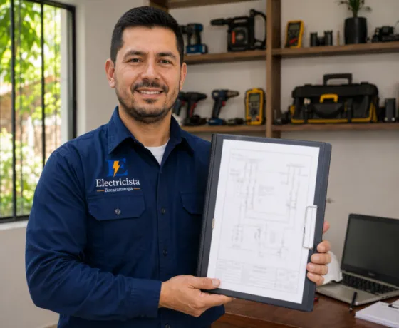 Electricista certificado de Bucaramanga mostrando un plano eléctrico en su taller