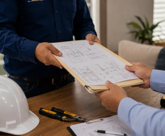 Electricista entregando a un cliente la documentación y los planos eléctricos de una instalación certificada