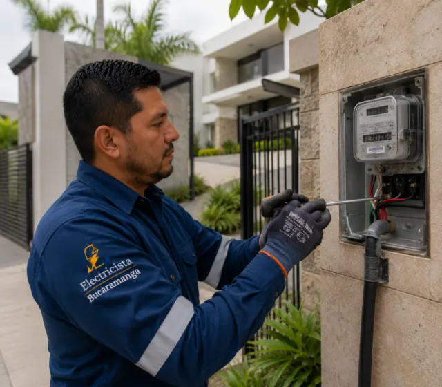 Electricista en Floridablanca instalando un medidor eléctrico en la fachada de una vivienda