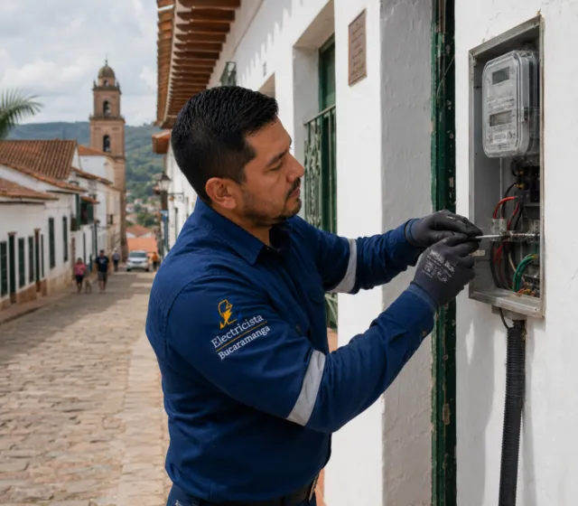 Electricista en Girón revisando un medidor eléctrico en una casa del casco antiguo colonial