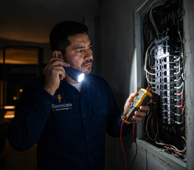 Electricista de urgencia en Bucaramanga revisando de noche un tablero eléctrico con una linterna