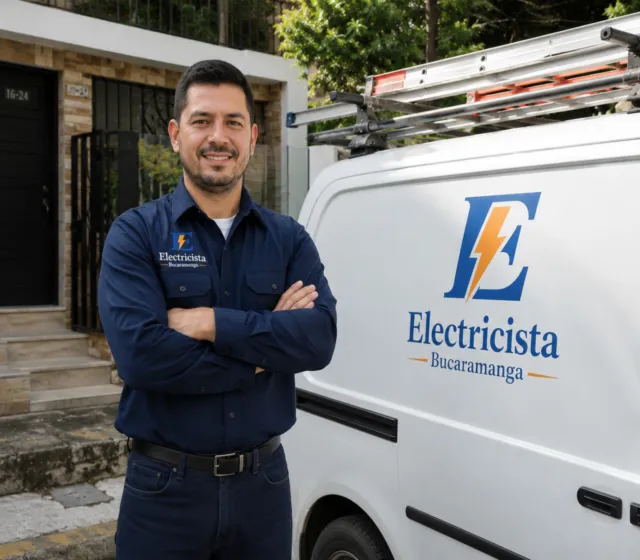Electricista certificado de Electricista Bucaramanga junto a la camioneta de la empresa en Bucaramanga, Santander