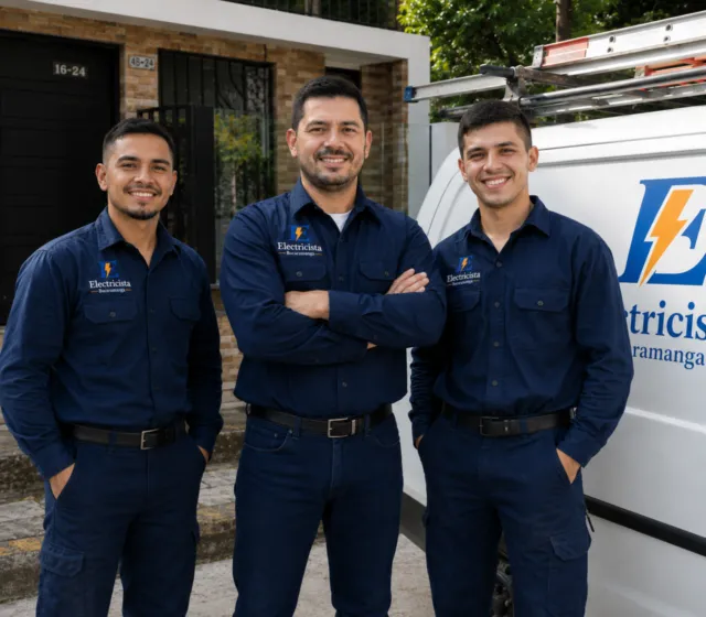 Equipo de electricistas certificados de Electricista Bucaramanga con uniforme junto a la camioneta de la empresa