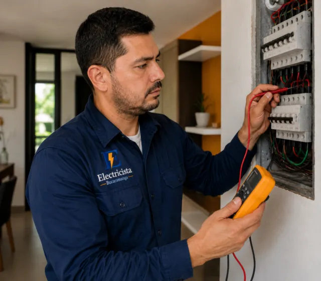 Electricista de Bucaramanga revisando un tablero eléctrico residencial con un multímetro
