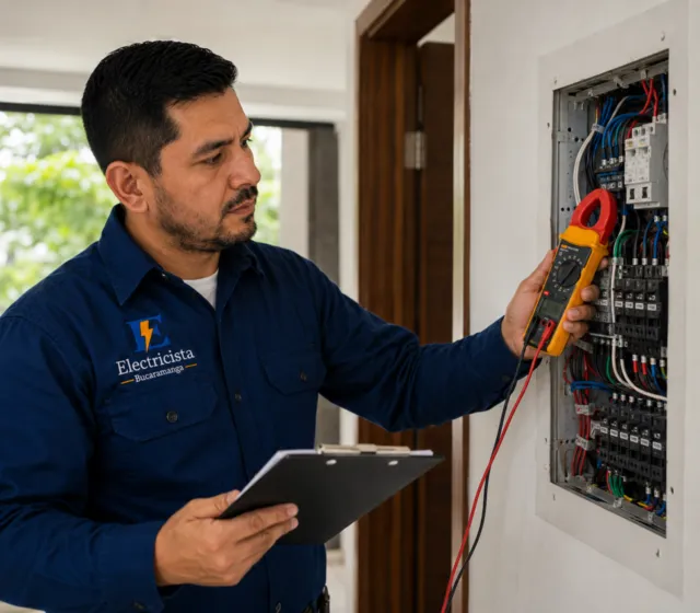Electricista certificado en Bucaramanga realizando la inspección técnica de una instalación para certificación RETIE