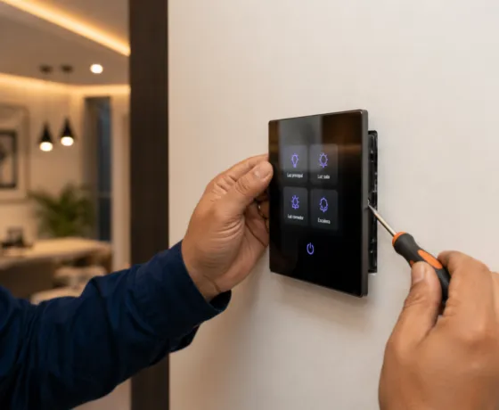 Electricista de Bucaramanga instalando un interruptor inteligente de pantalla táctil en una vivienda