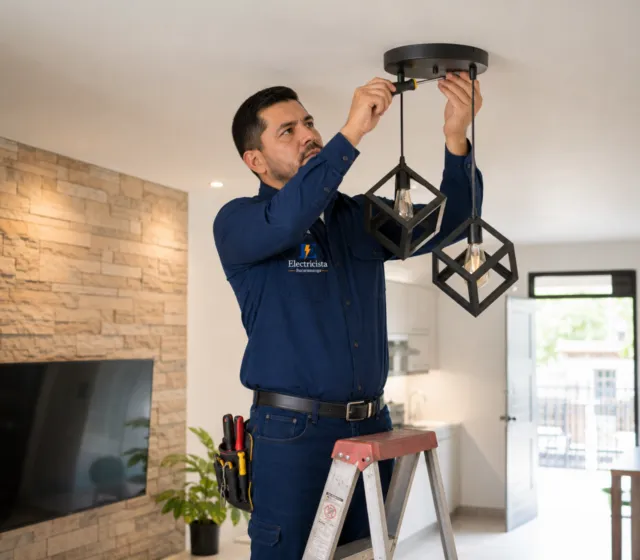 Electricista residencial en Bucaramanga instalando una lámpara colgante en una vivienda