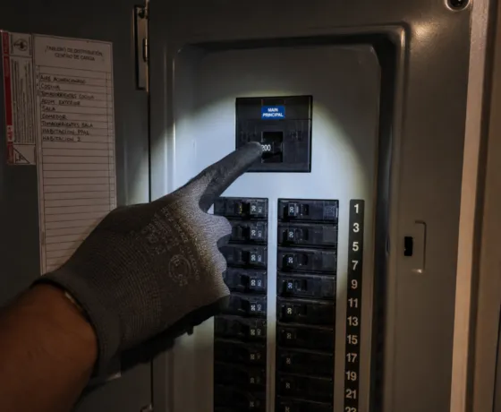 Primer plano de un tablero eléctrico y el breaker principal durante una emergencia