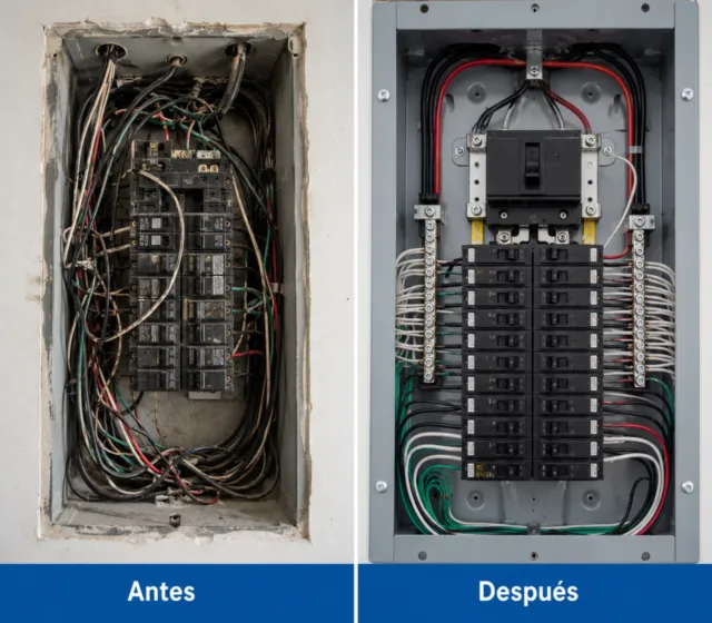 Antes y después de un tablero eléctrico reorganizado por Electricista Bucaramanga en una vivienda
