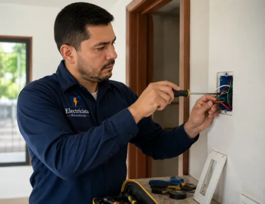 Electricista de Bucaramanga conectando cables en una caja eléctrica durante una instalación residencial