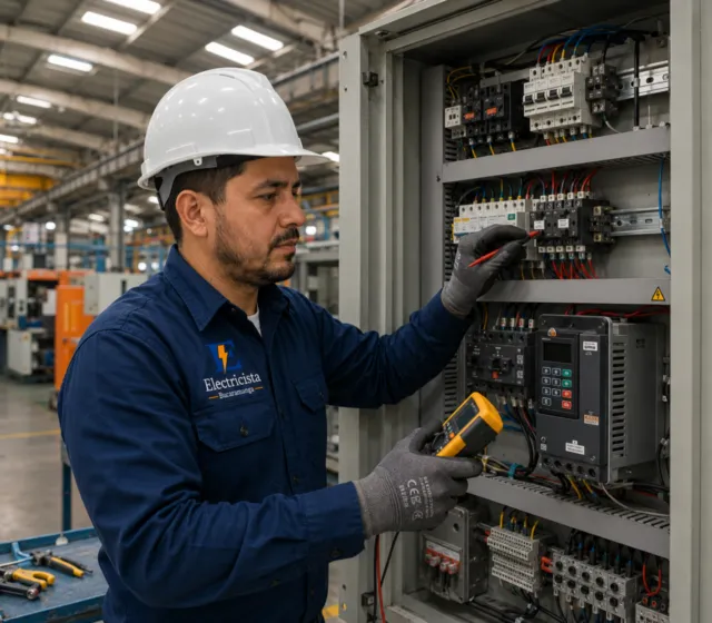 Electricista industrial en Bucaramanga revisando un tablero de control en una bodega